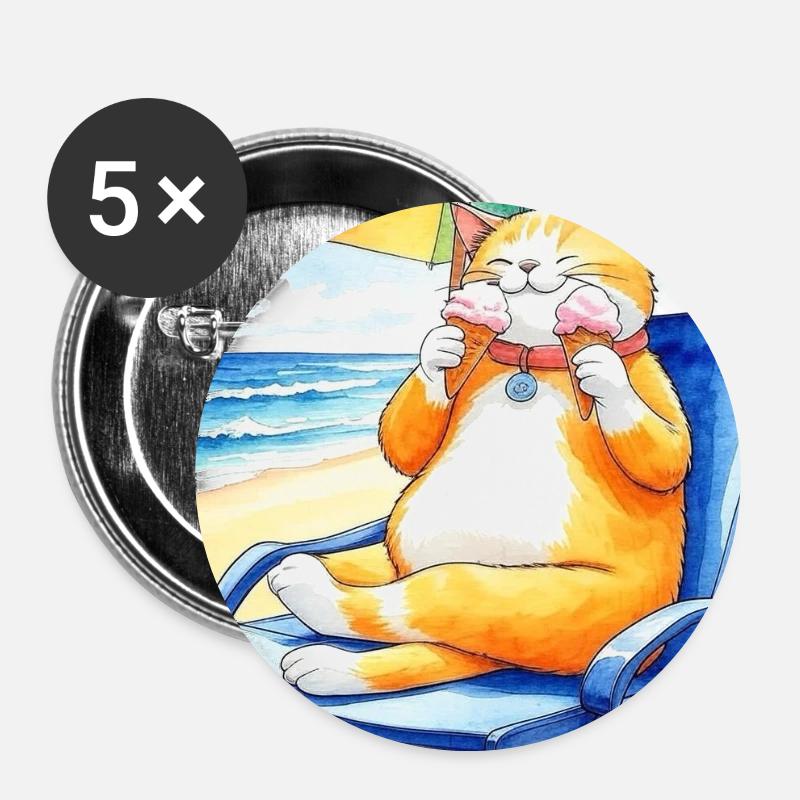 Katze am Strand mit Eiscreme - Buttons small 1''/25 mm (5-pack) - white