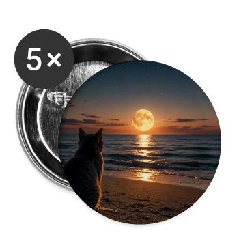Chat au bord de la mer au lever de la lune - Lot de 5 petits badges (25 mm) - blanc - Devant