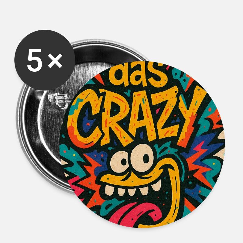 Conception de bande dessinée colorée avec motif de dessin animé The Crazy - Lot de 5 petits badges (25 mm) - blanc