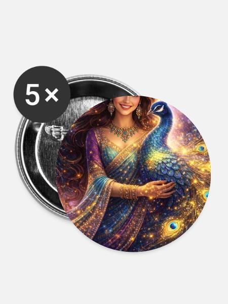 Mystical Indian Woman with Peacock - Buttons small 1''/25 mm (5-pack) - white