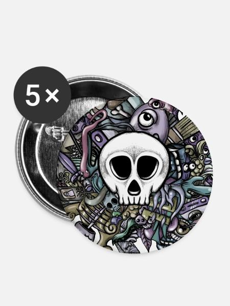 Doodle Schädel - Buttons klein 25 mm (5er Pack) - Weiß