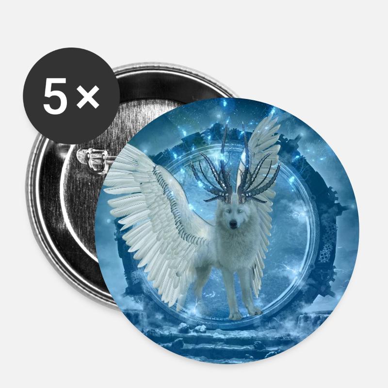 Awesome white wolf with wings - Buttons small 1''/25 mm (5-pack) - white