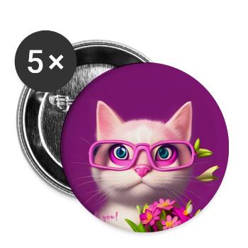 Chat dans des lunettes tendant des fleurs - Lot de 5 petits badges (25 mm) - blanc - Devant