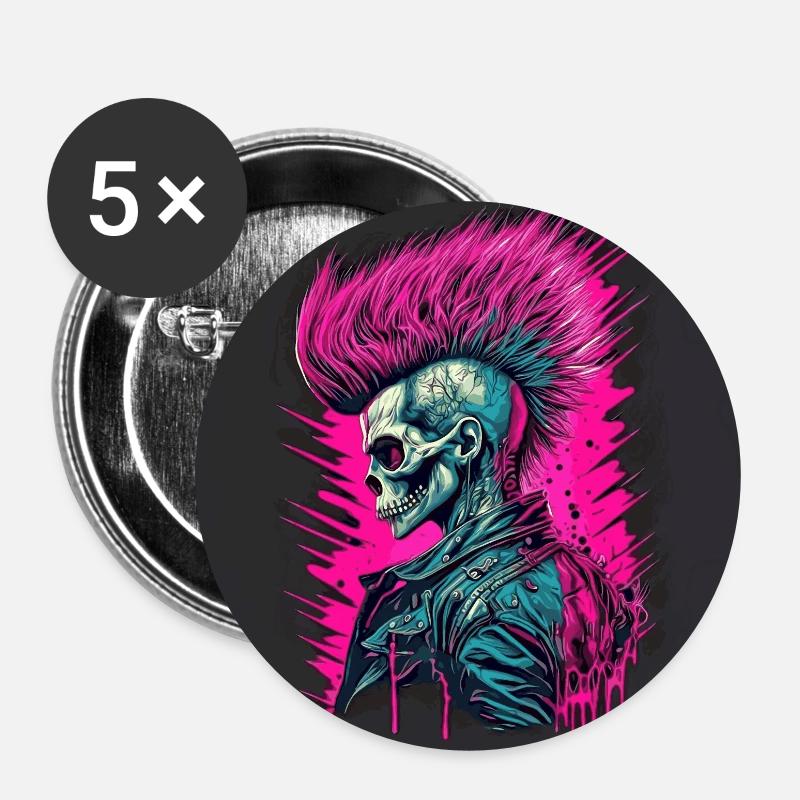 Synthwave Zombie Skull - Buttons small 1''/25 mm (5-pack) - white