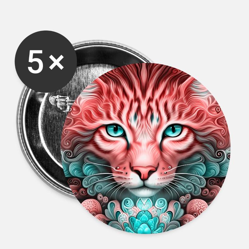 de chat psychédélique. - Lot de 5 petits badges (25 mm) - blanc