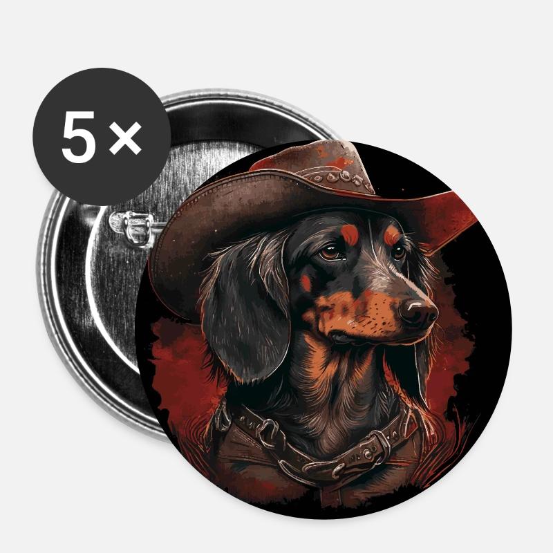 Teckel cow-boy - Lot de 5 petits badges (25 mm) - blanc