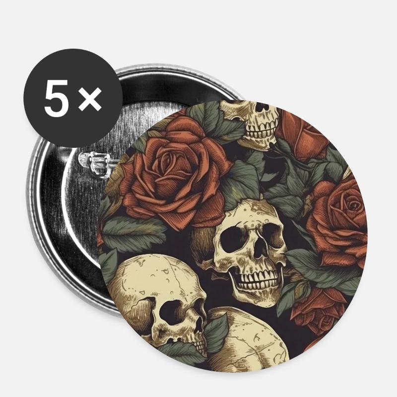 skulls and roses pattern - Lot de 5 petits badges (25 mm) - blanc
