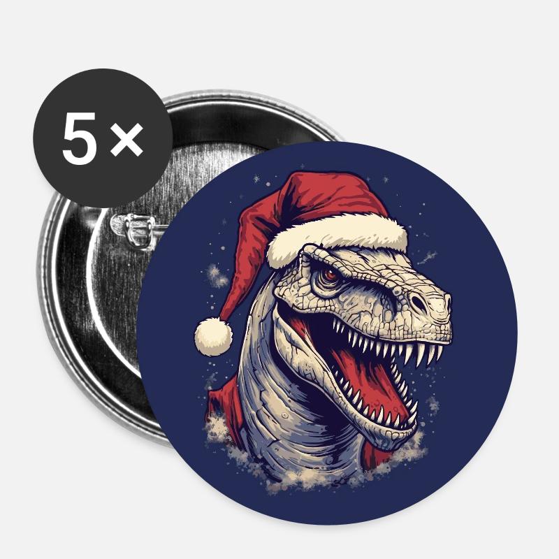 T-Rex mit Weihnachtsmannmütze - Buttons klein 25 mm (5er Pack) - Weiß