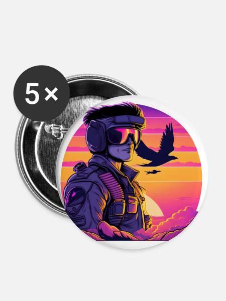 Synthwave Air-force Pilot - Buttons klein 25 mm (5er Pack) - Weiß