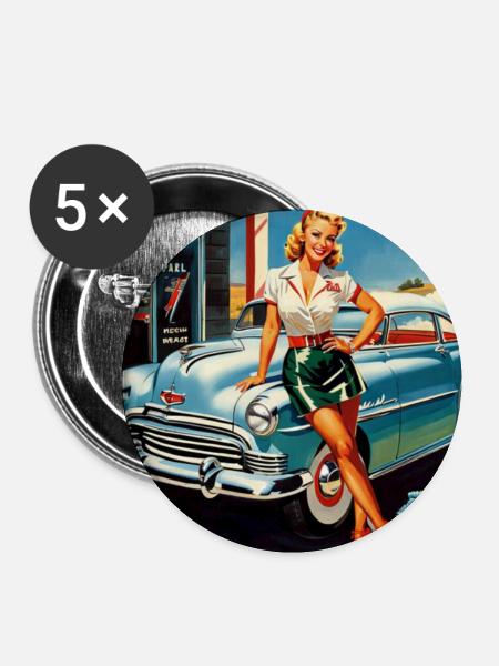 Retro Pinup am Oldtimer - Buttons klein 25 mm (5er Pack) - Weiß