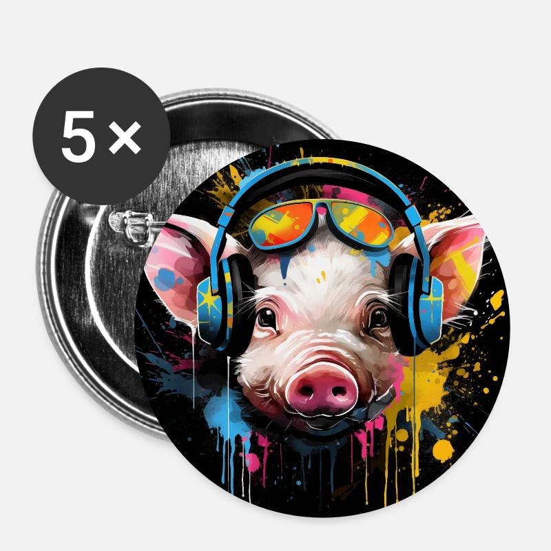 DJ Ferkel mit Kopfhörern - Buttons klein 25 mm (5er Pack) - Weiß