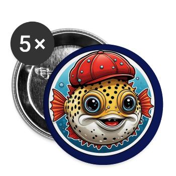 Lustiger Kugelfisch mit roter Basecap - Buttons klein 25 mm (5er Pack) - Weiß - Vorne