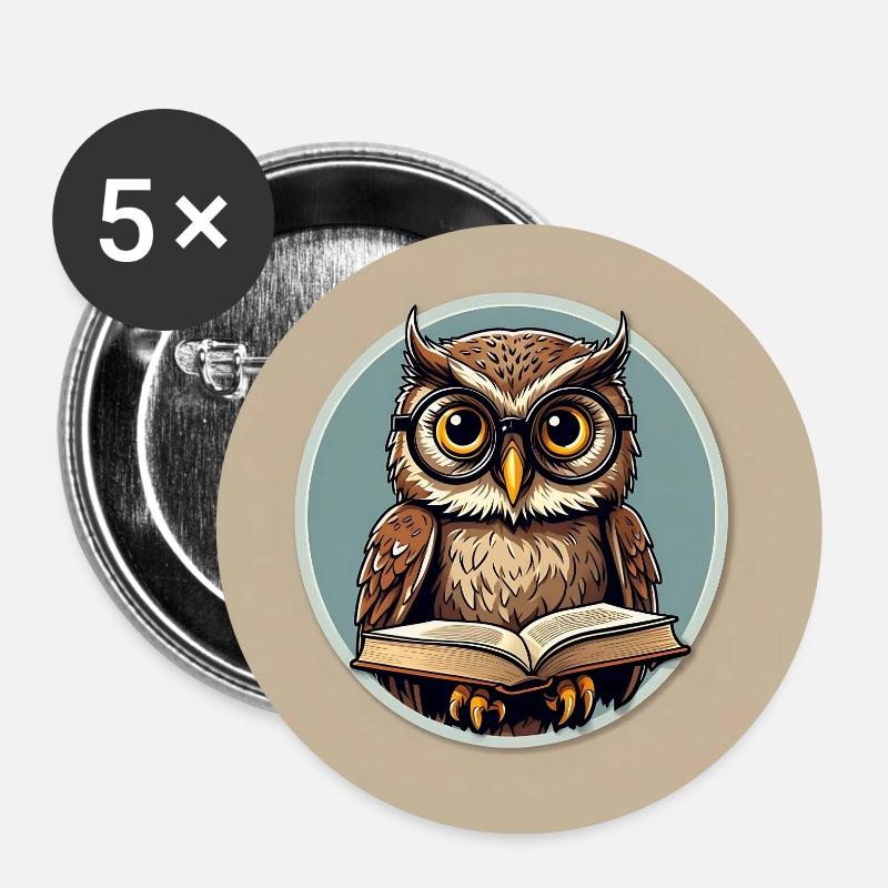 Owl with books - Buttons small 1''/25 mm (5-pack) - white