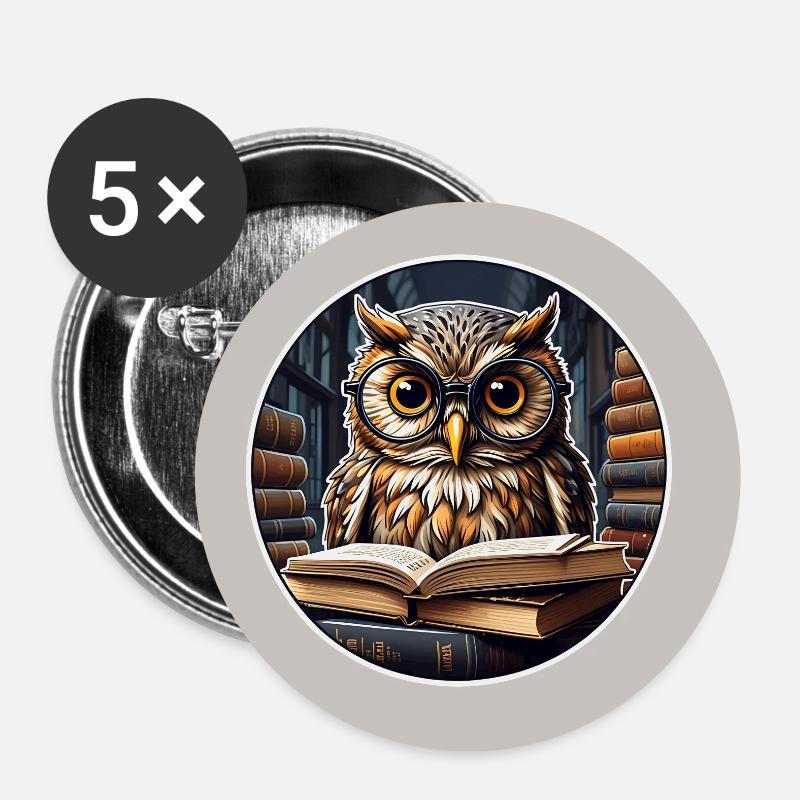 Eule mit Büchern - Buttons klein 25 mm (5er Pack) - Weiß