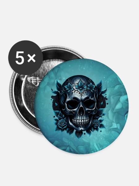 Dunkelblauer Totenschädel mit Rosen - Buttons klein 25 mm (5er Pack) - Weiß