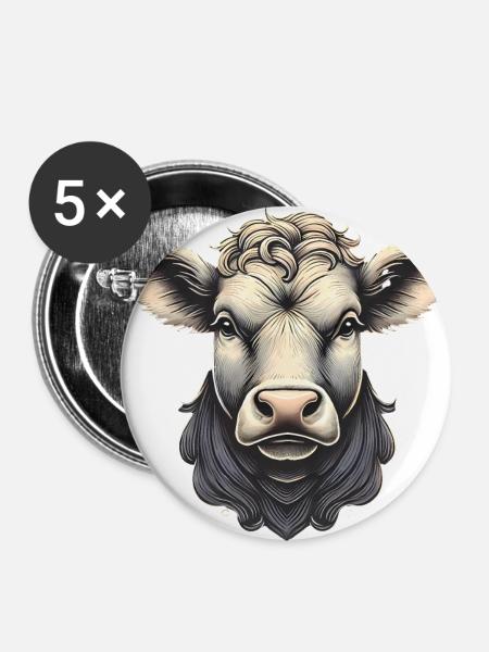 Detaillierte Kuhkopf-Illustration - Buttons klein 25 mm (5er Pack) - Weiß