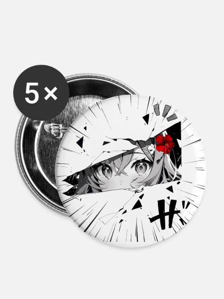 Anime-Mädchen mit roter Blume - Buttons klein 25 mm (5er Pack) - Weiß