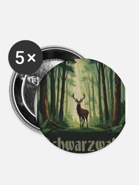 Schwarzwald mit Hirsch - Buttons klein 25 mm (5er Pack) - Weiß