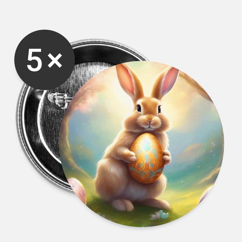 Spring bunny with gold Easter egg - Buttons small 1''/25 mm (5-pack) - white
