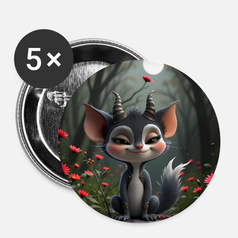 Kitten with horns in lunar forest - Buttons small 1''/25 mm (5-pack) - white