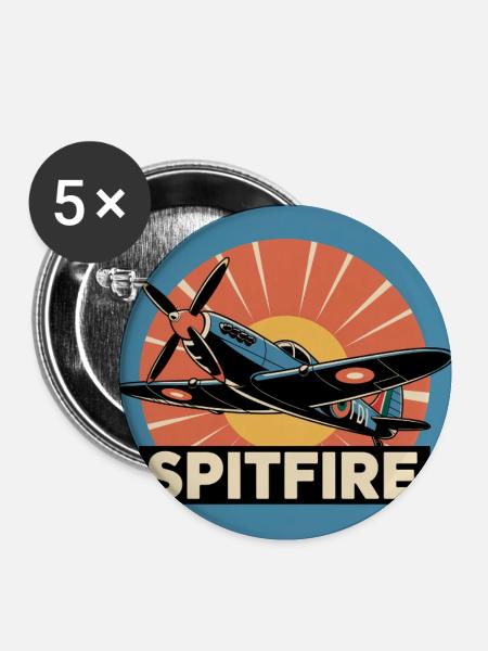 Spitfire Retro Aviation Print - Buttons klein 25 mm (5er Pack) - Weiß
