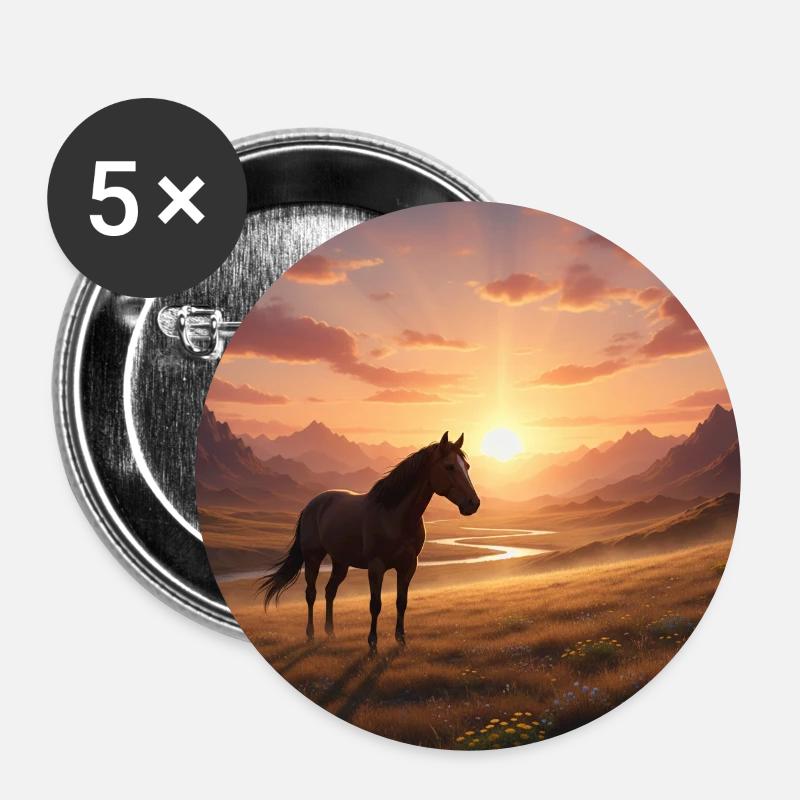 Cheval du coucher de soleil dans la vallée montagneuse - Lot de 5 petits badges (25 mm) - blanc