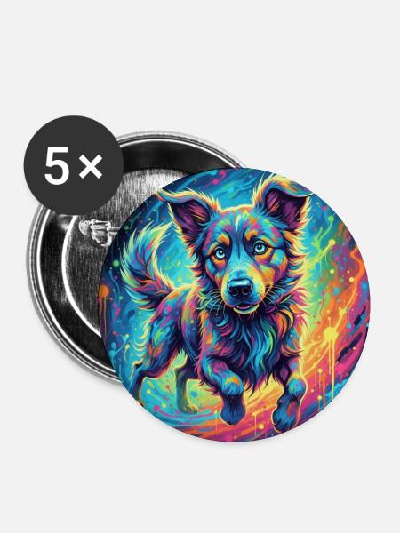 Neonfarbiger Hund im Farbwirbel - Buttons klein 25 mm (5er Pack) - Weiß