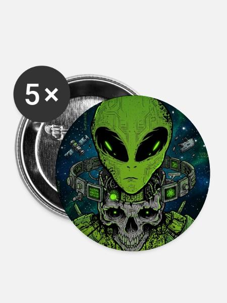 Cyber Alien Skull – Futuristisches Sci-Fi Alien  - Buttons klein 25 mm (5er Pack) - Weiß