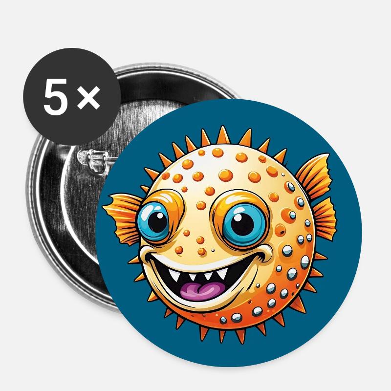 Poisson-globe rieur joyeux - Lot de 5 petits badges (25 mm) - blanc