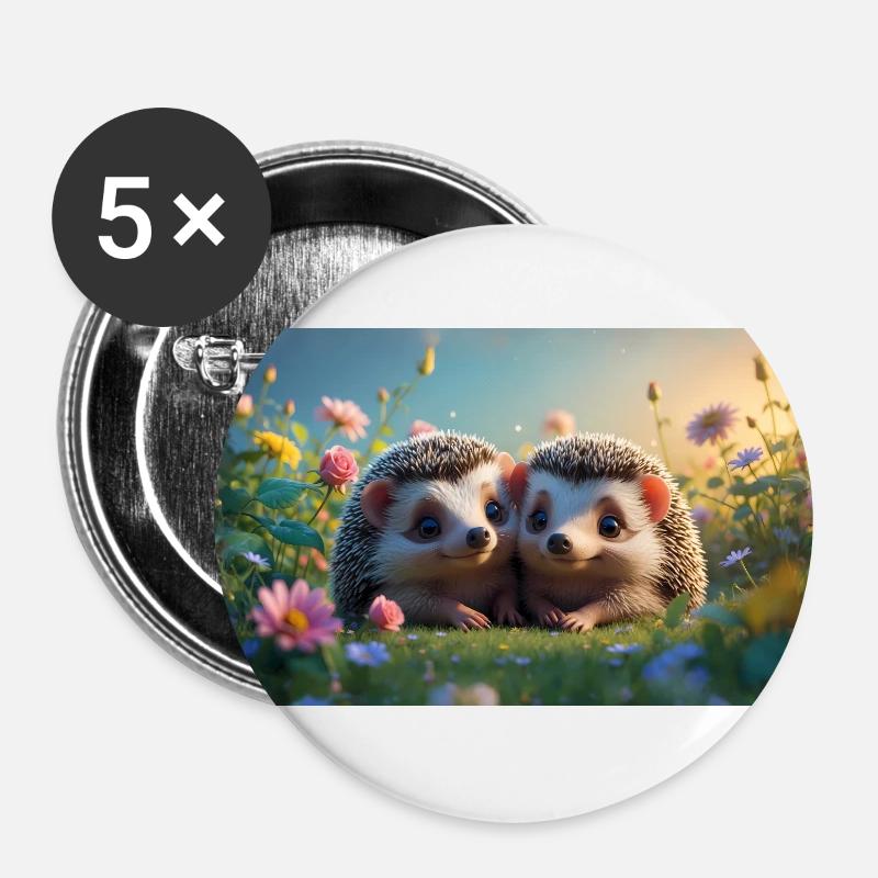 Deux mignons petits hérissons - Lot de 5 petits badges (25 mm) - blanc