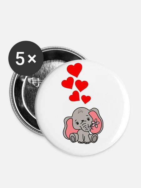 Elefant Herz Liebe - Buttons klein 25 mm (5er Pack) - Weiß