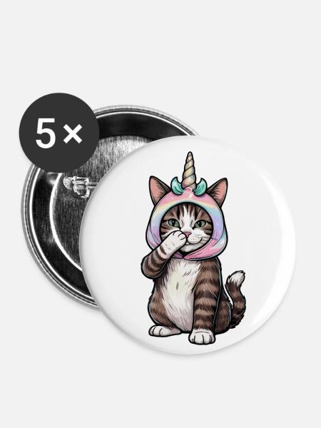 Einhorn Katze - Buttons klein 25 mm (5er Pack) - Weiß