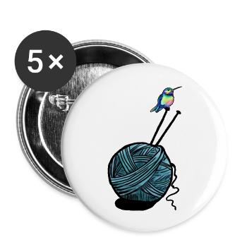 Bunter Kolibri auf Garnknäuel mit Stricknadeln - Buttons klein 25 mm (5er Pack) - Weiß - Vorne