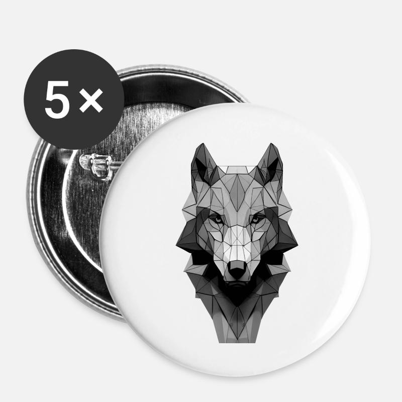 Polygon Design Wolf tête d’animal noir blanc - Lot de 5 petits badges (25 mm) - blanc
