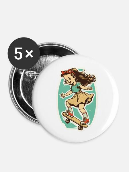Skater-Mädchen - Buttons klein 25 mm (5er Pack) - Weiß