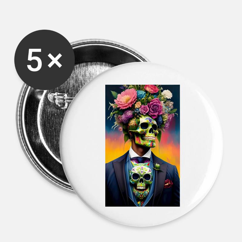 ŒUVRE Crâne de fleur - Lot de 5 petits badges (25 mm) - blanc