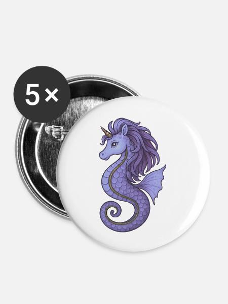 Seepferdchen-Einhorn Lila Violett - Buttons klein 25 mm (5er Pack) - Weiß