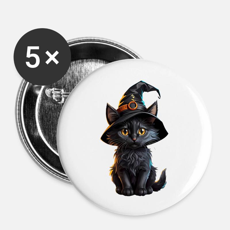 Witch kitten in a magic hat - Buttons small 1''/25 mm (5-pack) - white