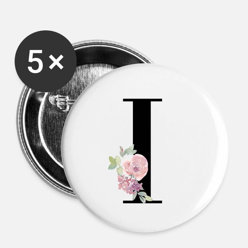 Buchstabe I mit Blumenranke - Buttons klein 25 mm (5er Pack) - Weiß