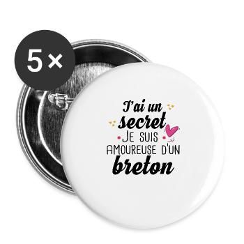 Breton Bretagne Amoureuse Cadeau Amour Humour - Lot de 5 petits badges (25 mm) - blanc - Devant