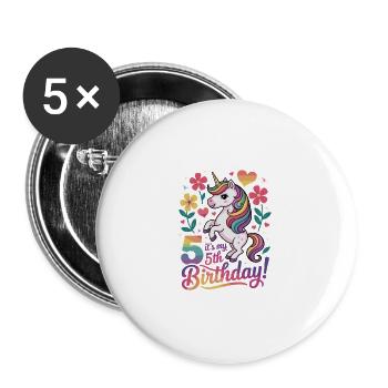 Mon 5ème anniversaire avec la licorne et les fleurs - Lot de 5 petits badges (25 mm) - blanc - Devant