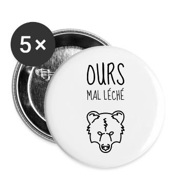 Ours Mal Léché - Caractère - Râleur - Râler - Rire - Lot de 5 petits badges (25 mm) - blanc - Devant
