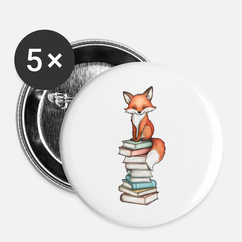 Fuchs auf Bücherstapel - Buttons klein 25 mm (5er Pack) - Weiß