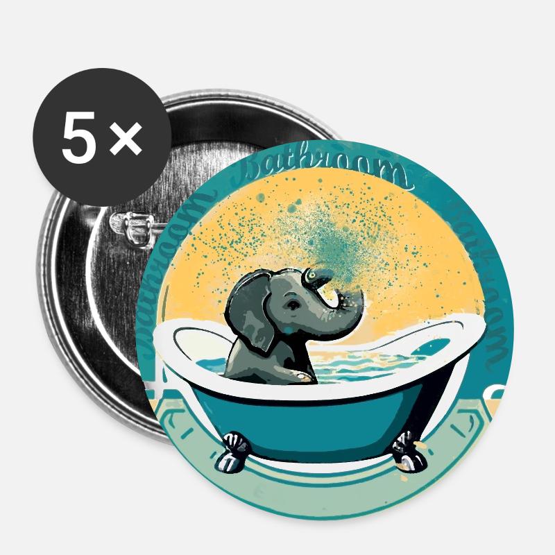 Éléphant, rétro, Vintage, baignoire, 1970 - Lot de 5 petits badges (25 mm) - blanc