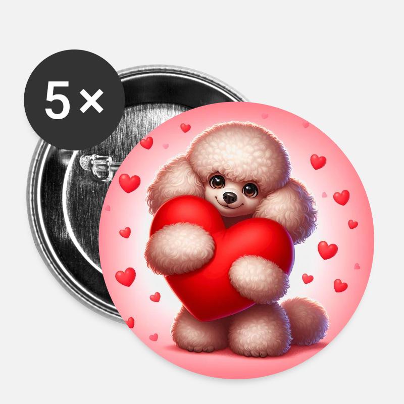 Caniche Saint-Valentin - Lot de 5 petits badges (25 mm) - blanc