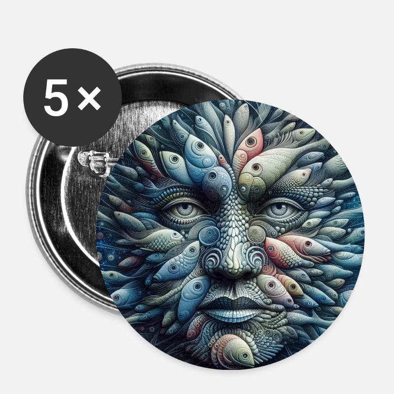 Visage de poisson - Lot de 5 petits badges (25 mm) - blanc