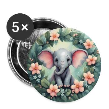 Niedliches Kawaii Baby Elefant Blumen - Buttons klein 25 mm (5er Pack) - Weiß - Vorne