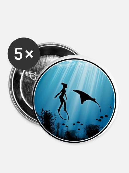Freitaucher und Mantarochen - Buttons klein 25 mm (5er Pack) - Weiß