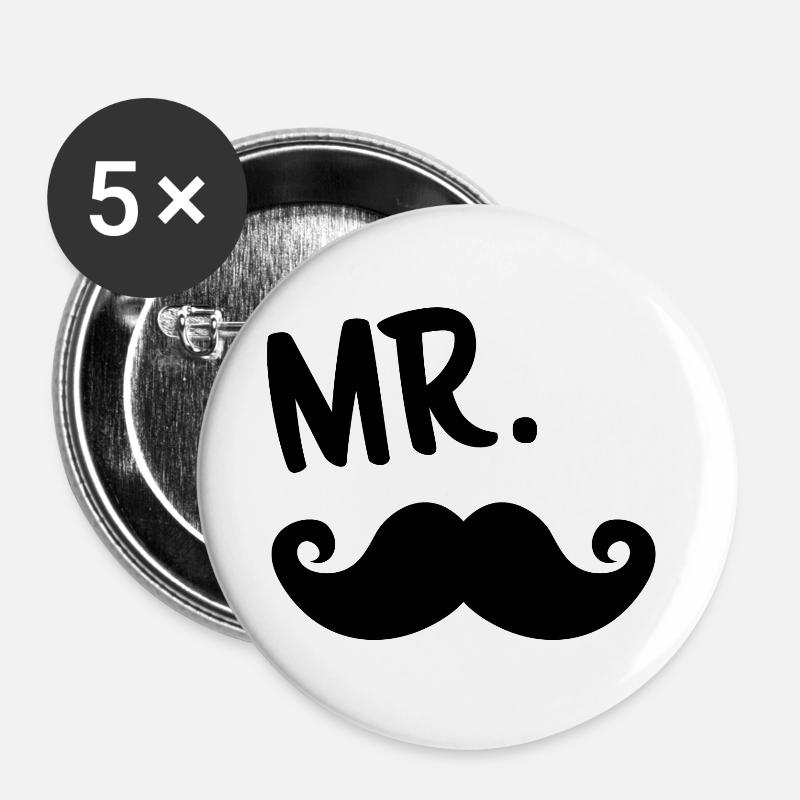Mister Schnauzbart Schnurrbart - Buttons klein 25 mm (5er Pack) - Weiß