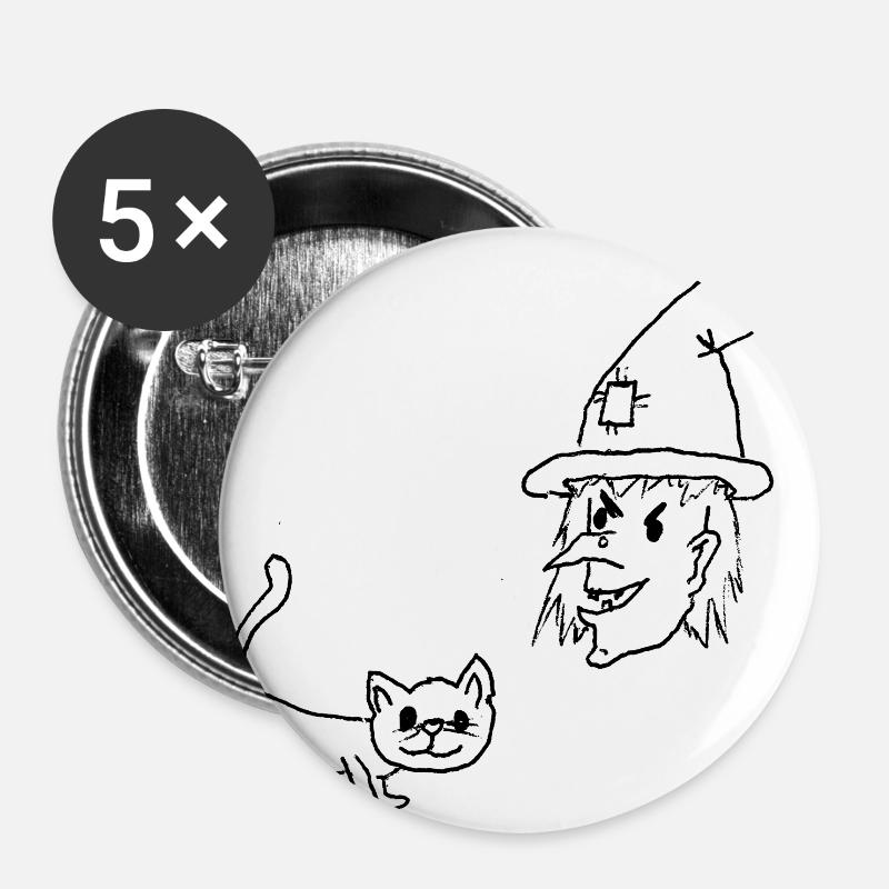 Sorcière avec chat - Lot de 5 petits badges (25 mm) - blanc